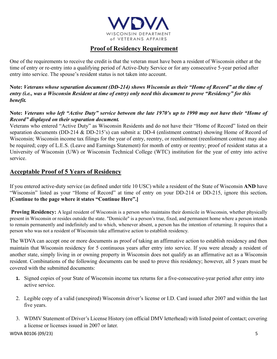 Form WDVA B0106 Wisconsin Disabled Veterans and Unremarried Surviving Spouses Property Tax Credit - Wisconsin, Page 5