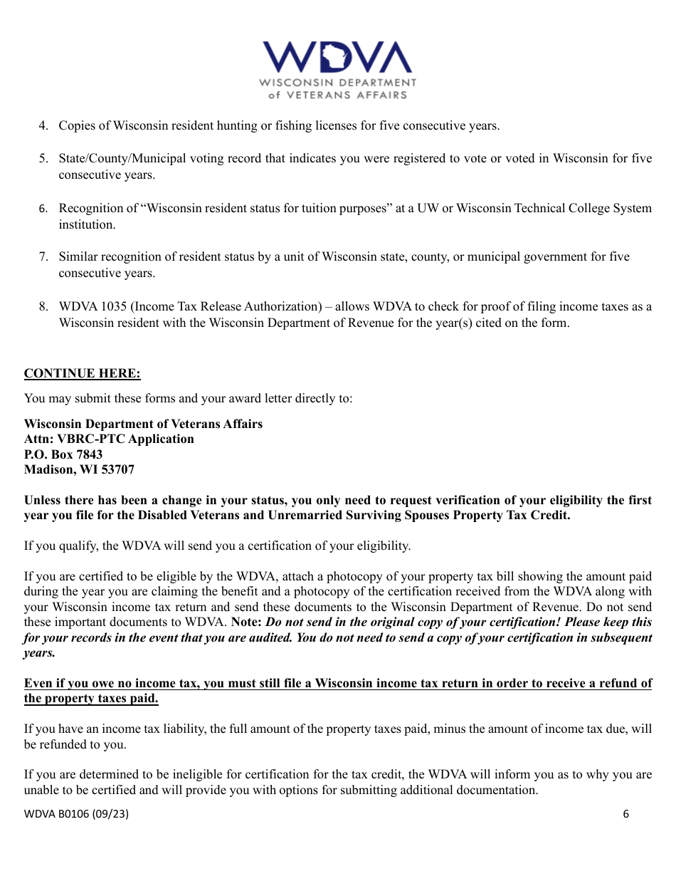 Form WDVA B0106 Wisconsin Disabled Veterans and Unremarried Surviving Spouses Property Tax Credit - Wisconsin, Page 6