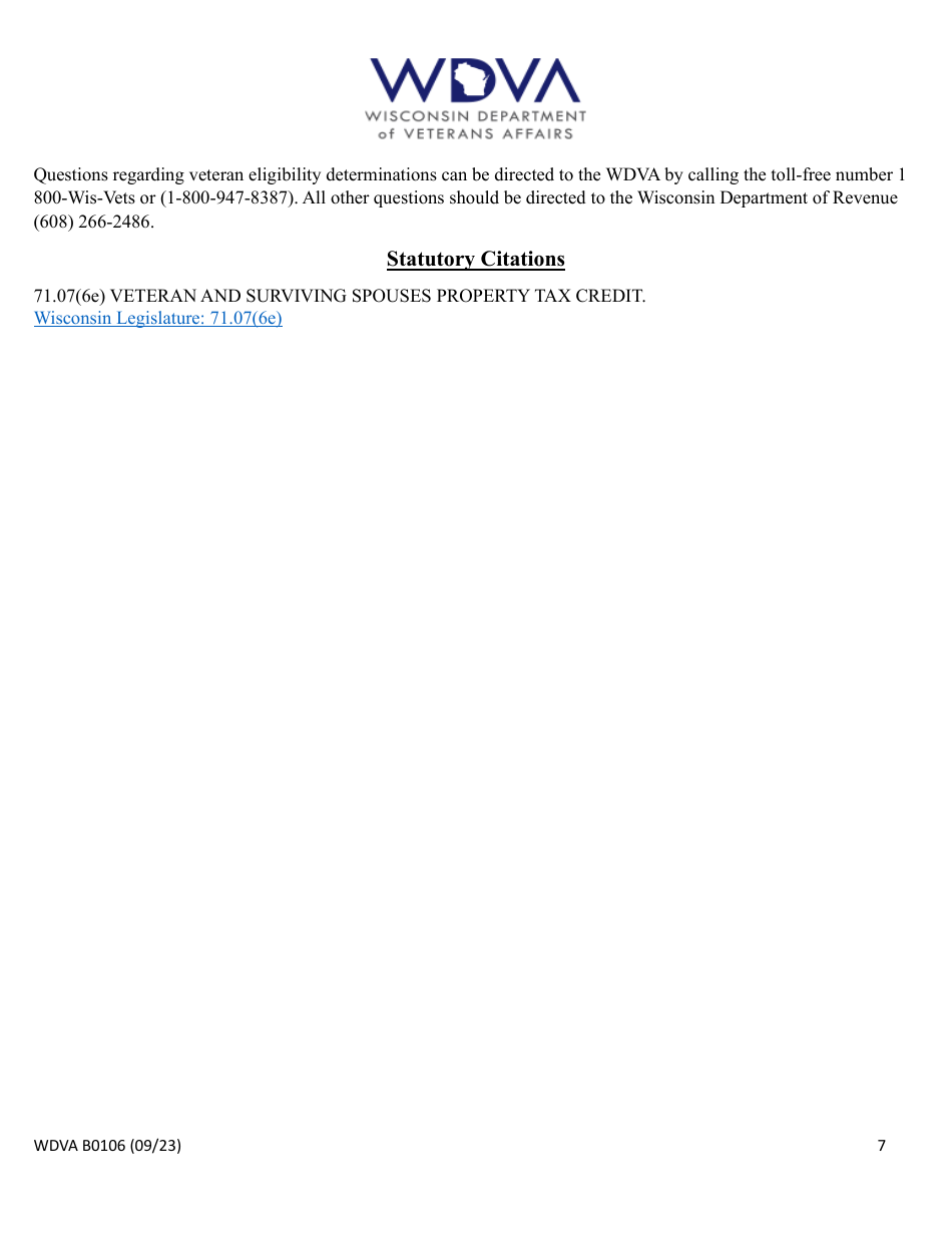 Form WDVA B0106 Wisconsin Disabled Veterans and Unremarried Surviving Spouses Property Tax Credit - Wisconsin, Page 7