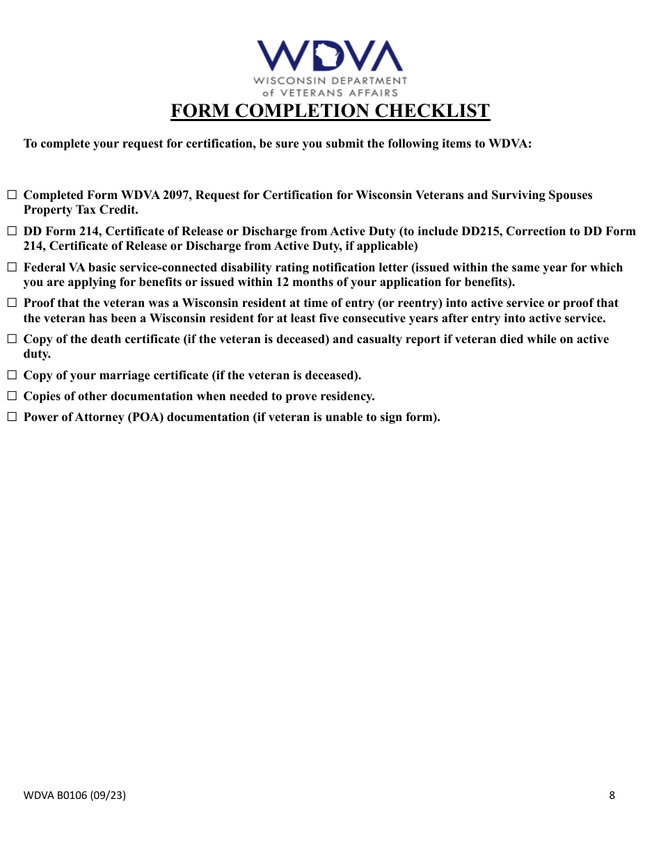 Form WDVA B0106 Wisconsin Disabled Veterans and Unremarried Surviving Spouses Property Tax Credit - Wisconsin, Page 8