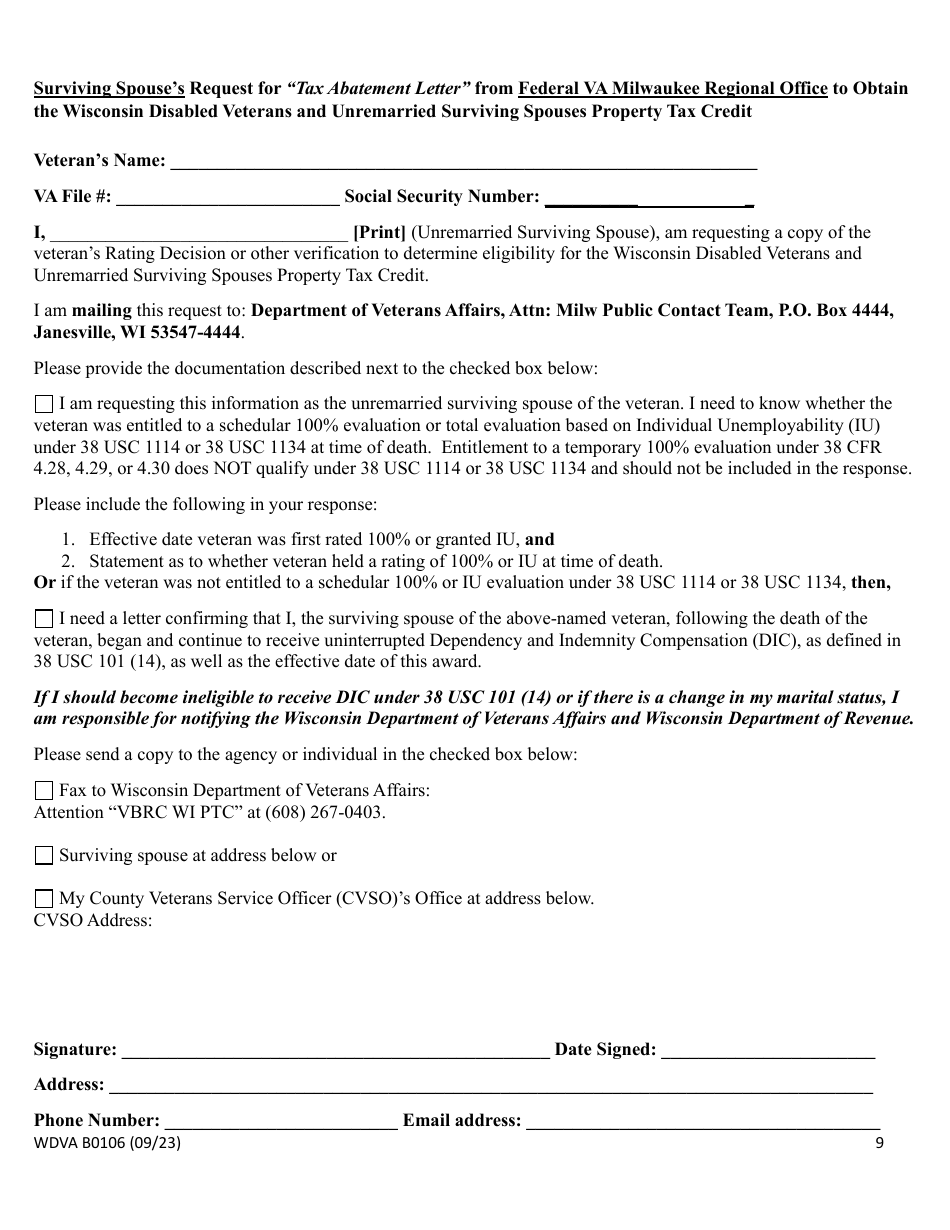 Form WDVA B0106 Wisconsin Disabled Veterans and Unremarried Surviving Spouses Property Tax Credit - Wisconsin, Page 9