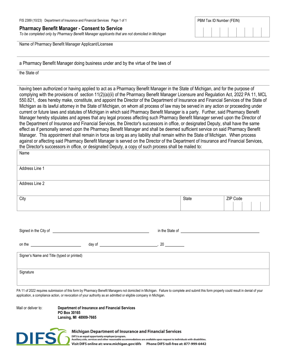 Form FIS2389 Pharmacy Benefit Manager - Consent to Service - Michigan, Page 1