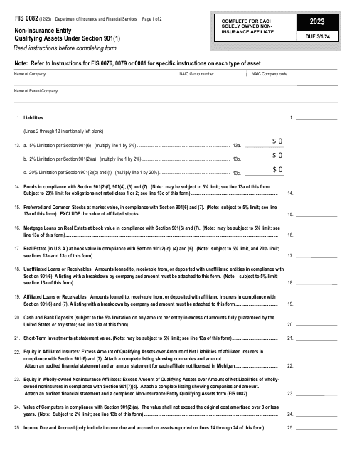 Form FIS0082 Non-insurance Entity Qualifying Assets Under Section 901(1) - Michigan