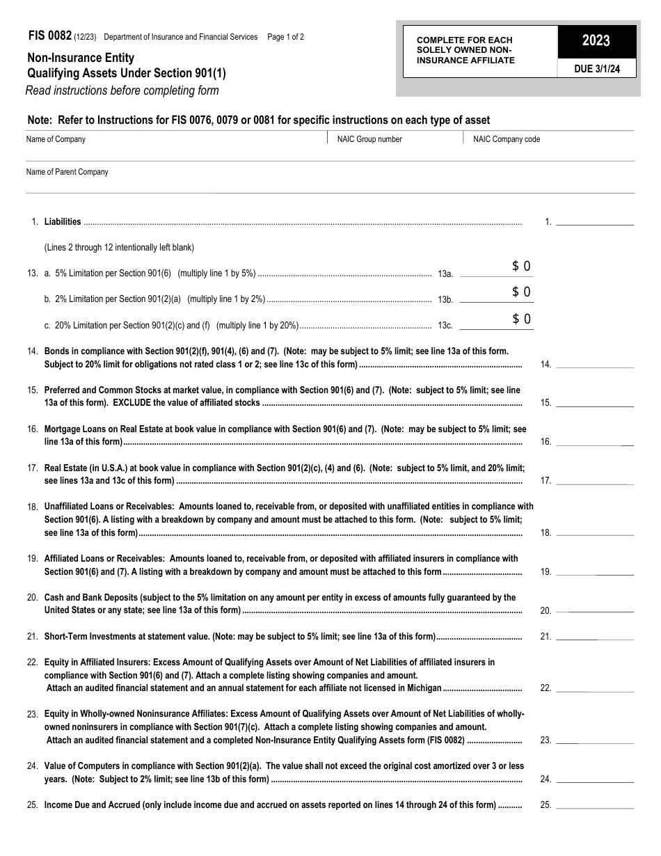 Form FIS0082 Non-insurance Entity Qualifying Assets Under Section 901(1) - Michigan, Page 1