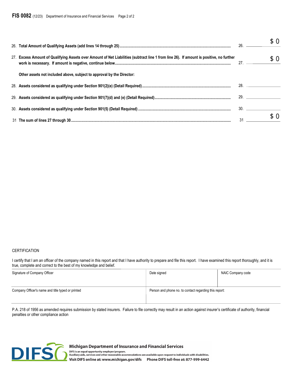 Form FIS0082 Non-insurance Entity Qualifying Assets Under Section 901(1) - Michigan, Page 2