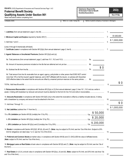 Form FIS0079 Fraternal Benefit Society Qualifying Assets Under Section 901 - Michigan, 2023