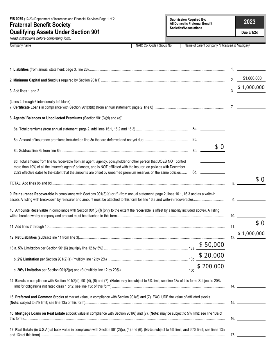 Form FIS0079 Fraternal Benefit Society Qualifying Assets Under Section 901 - Michigan, Page 1
