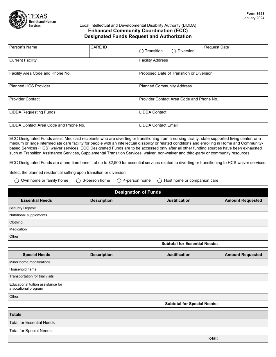 Form 8658 Enhanced Community Coordination (Ecc) Designated Funds Request and Authorization - Texas, Page 1