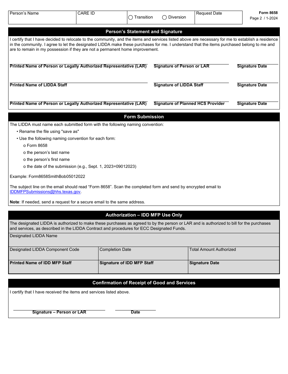 Form 8658 Enhanced Community Coordination (Ecc) Designated Funds Request and Authorization - Texas, Page 2