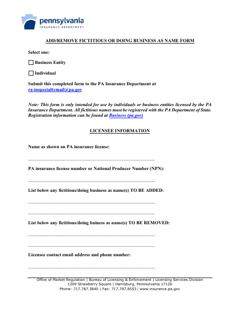 Add / Remove Fictitious or Doing Business as Name Form - Pennsylvania Download Pdf