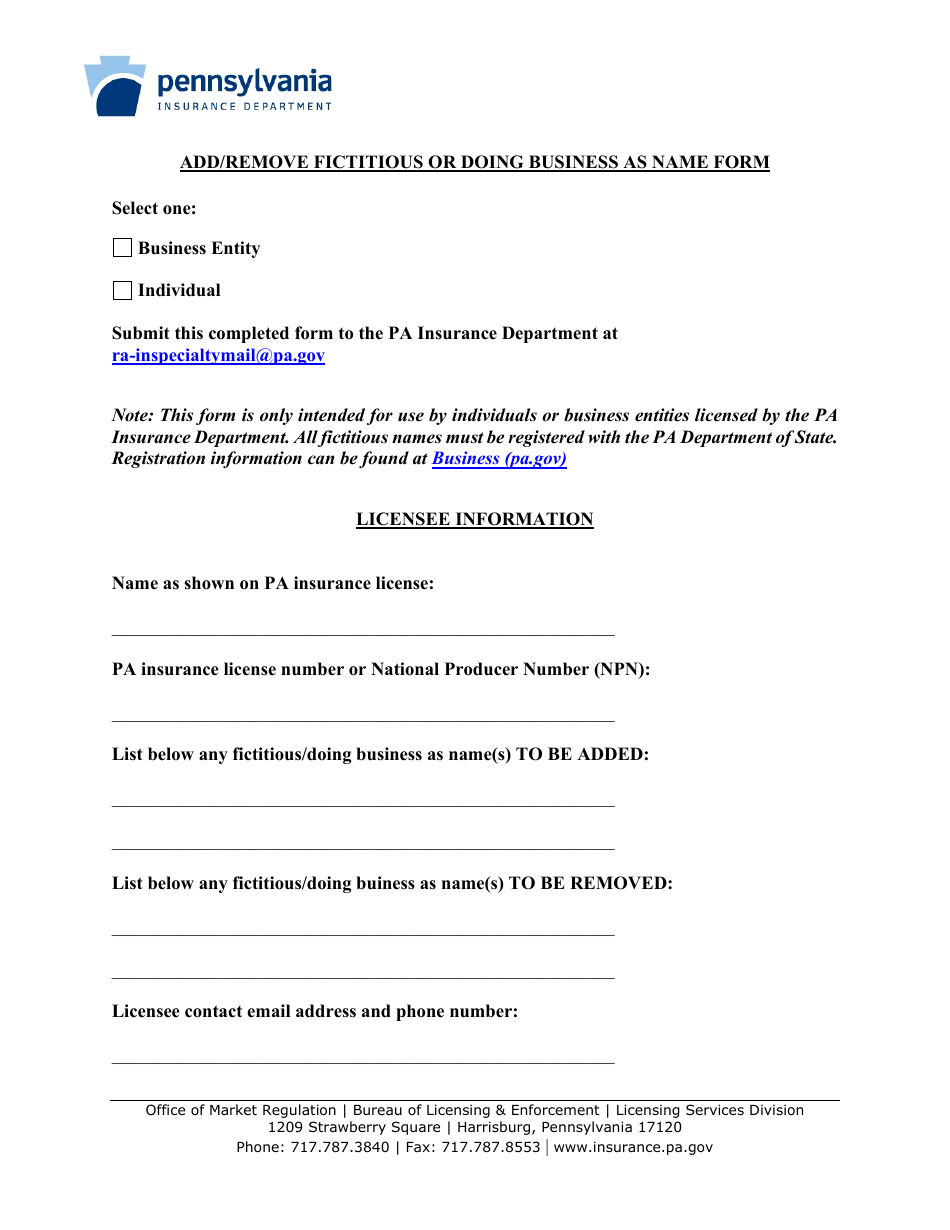Add / Remove Fictitious or Doing Business as Name Form - Pennsylvania, Page 1