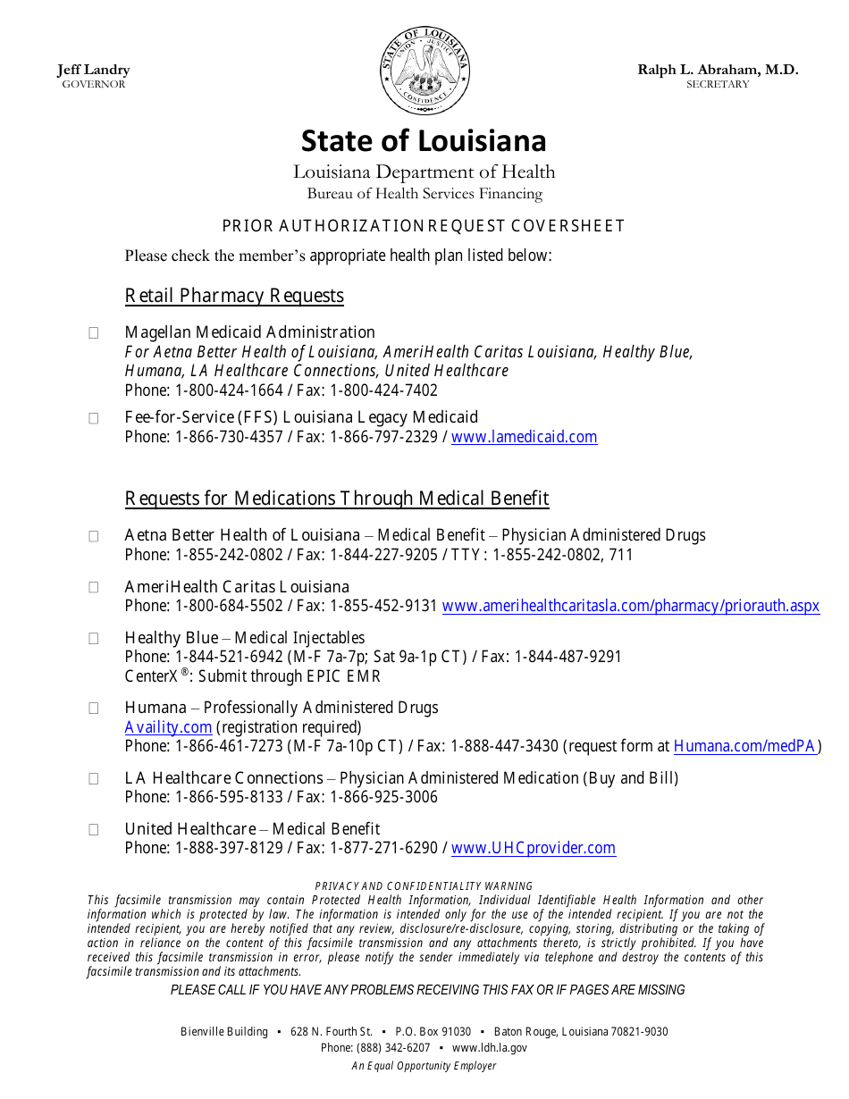 Louisiana Uniform Prescription Drug Prior Authorization Form - Louisiana, Page 1