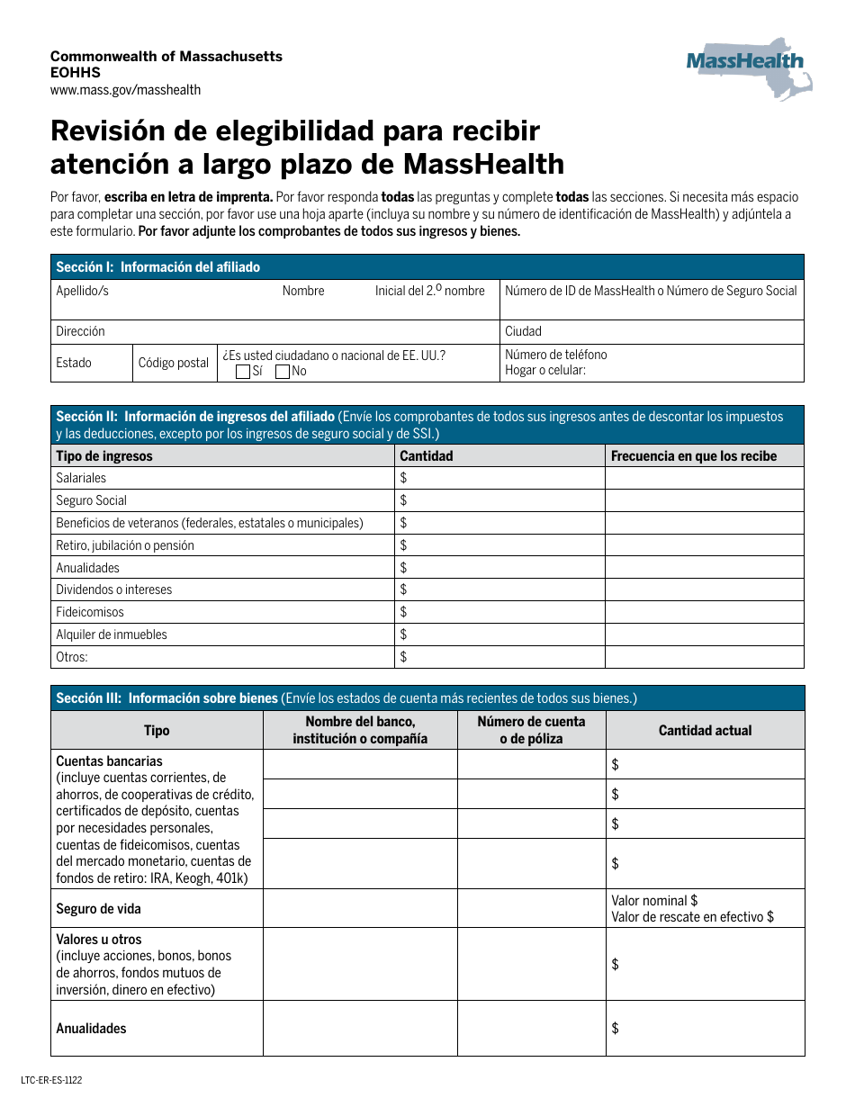 Revision De Elegibilidad Para Recibir Atencion a Largo Plazo De Masshealth - Massachusetts (Spanish), Page 1