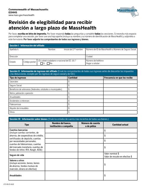 Revision De Elegibilidad Para Recibir Atencion a Largo Plazo De Masshealth - Massachusetts (Spanish) Download Pdf
