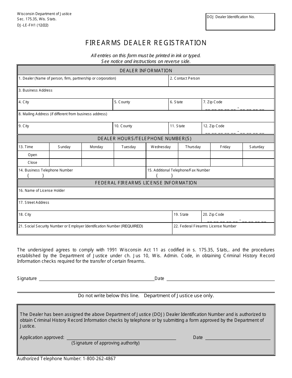 Form DJ-LE-FH1 Firearms Dealer Registration - Wisconsin, Page 1