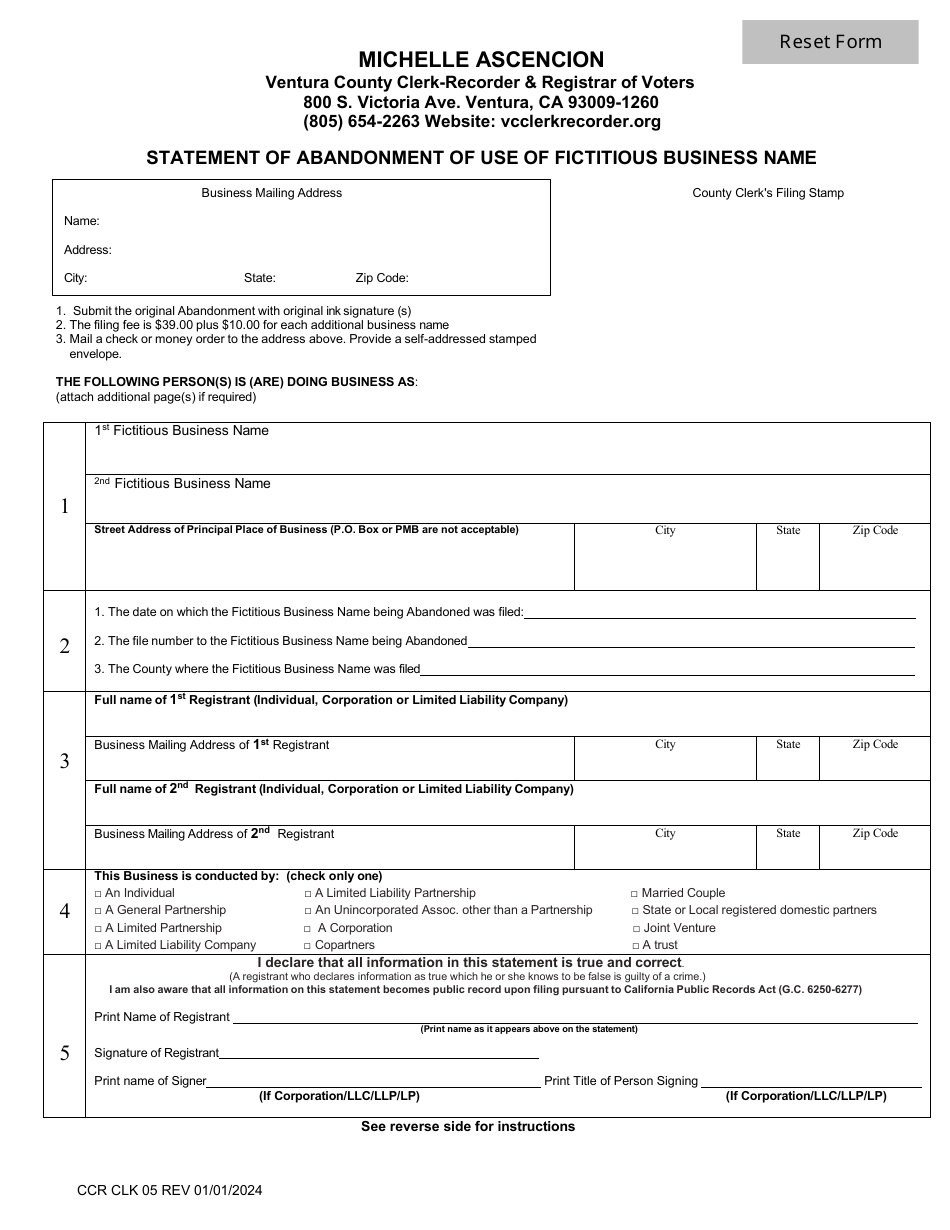 Form CCR CLK05 Statement of Abandonment of Use of Fictitious Business Name - Ventura County, California, Page 1