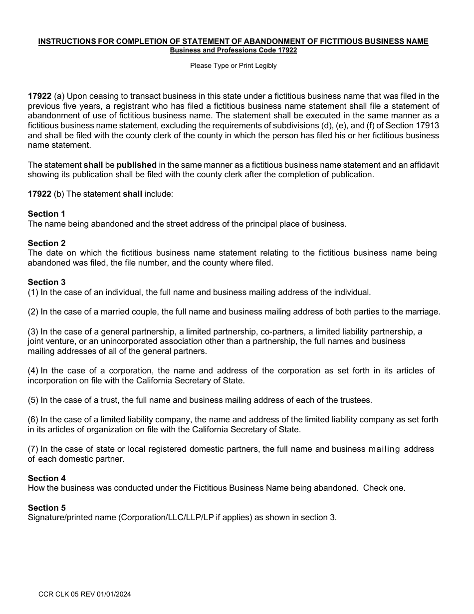 Form CCR CLK05 Statement of Abandonment of Use of Fictitious Business Name - Ventura County, California, Page 2