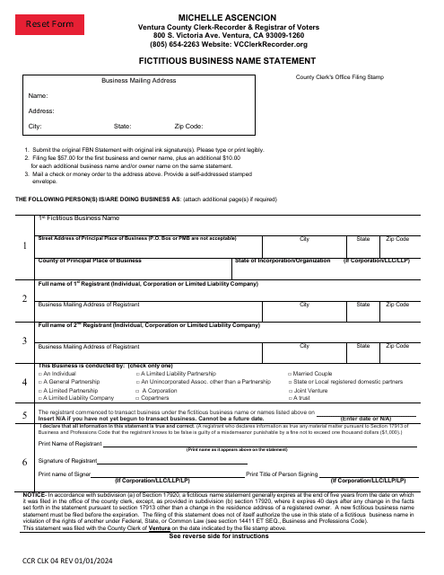 Form CCR CLK04 Fictitious Business Name Statement - Ventura County, California
