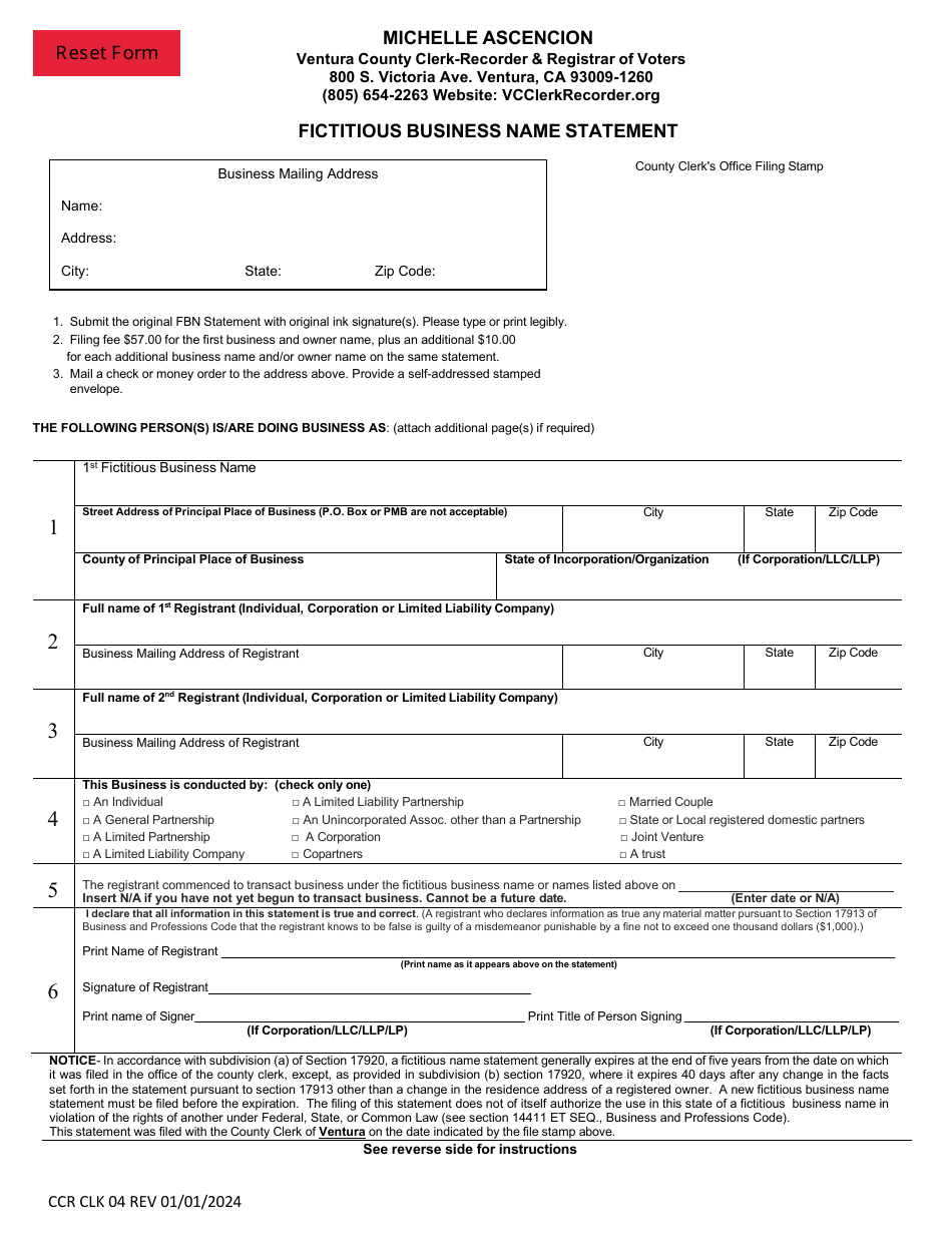 Form CCR CLK04 Fictitious Business Name Statement - Ventura County, California, Page 1