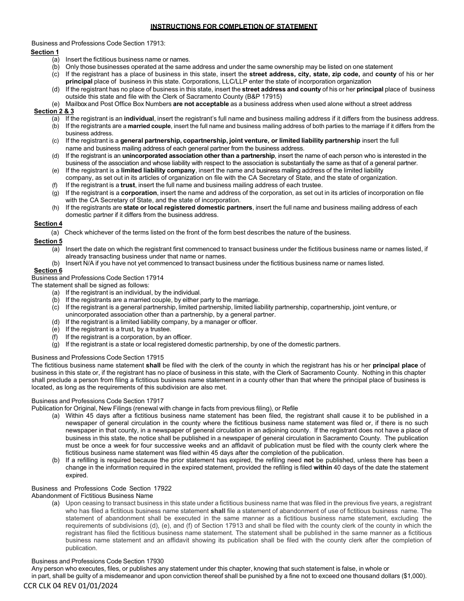 Form CCR CLK04 Fictitious Business Name Statement - Ventura County, California, Page 2