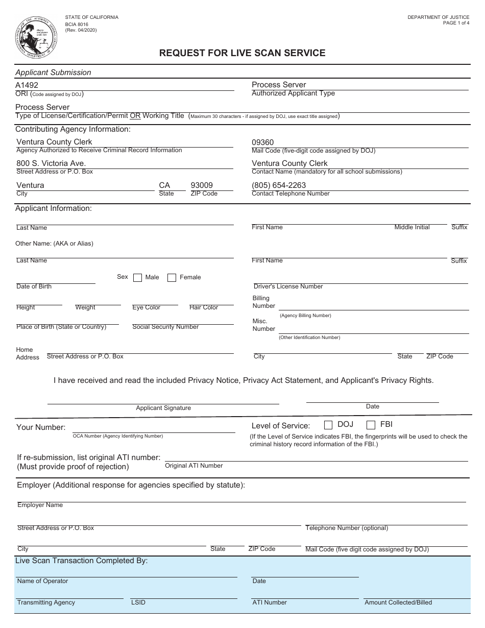 Form BCIA8016 Request for Live Scan Service - Ventura County, California, Page 1
