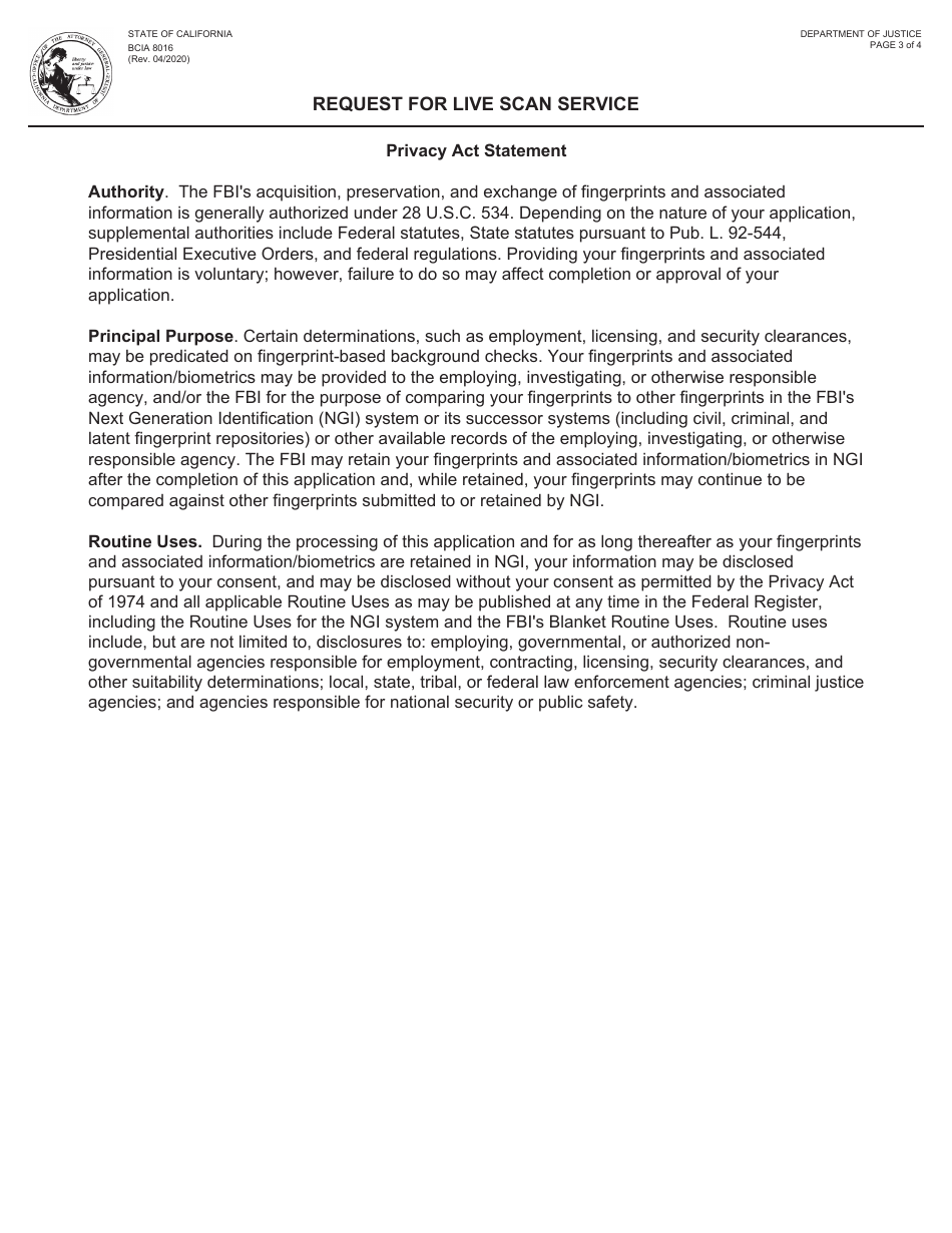 Form BCIA8016 Request for Live Scan Service - Ventura County, California, Page 3