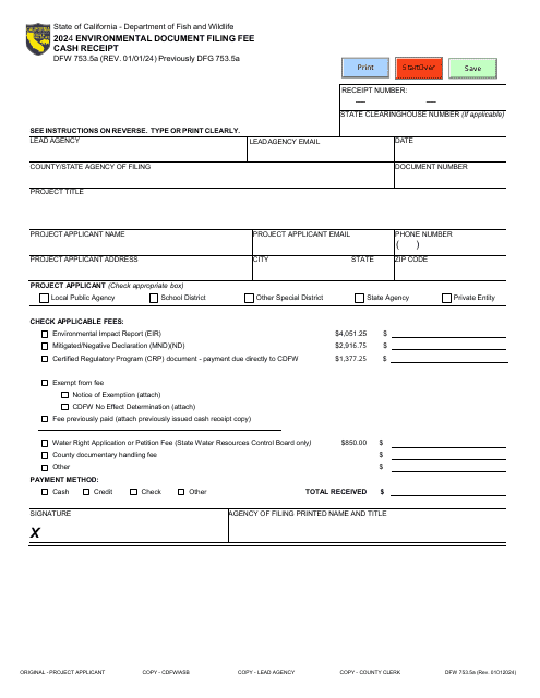Form DFW753.5A Environmental Document Filing Fee Cash Receipt - California, 2024
