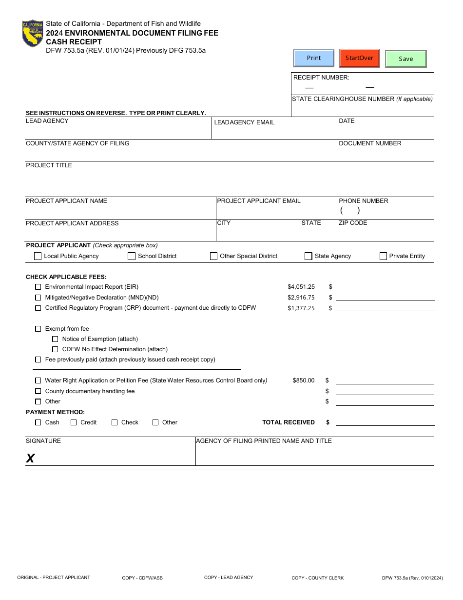 Form DFW753.5A Environmental Document Filing Fee Cash Receipt - California, Page 1