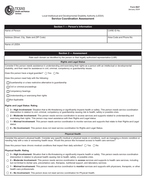 Form 8647 Service Coordination Assessment - Texas