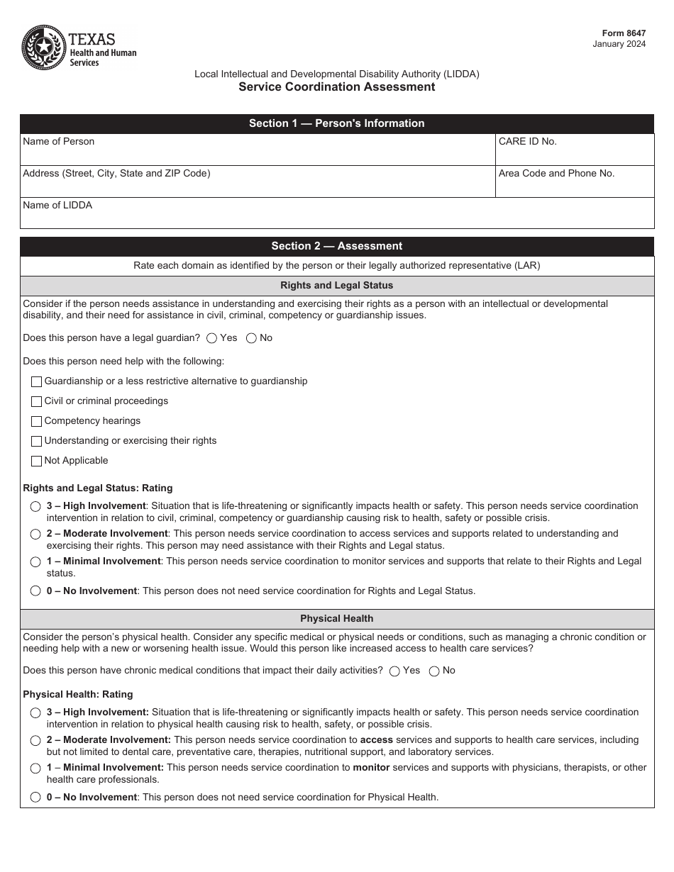 Form 8647 Service Coordination Assessment - Texas, Page 1