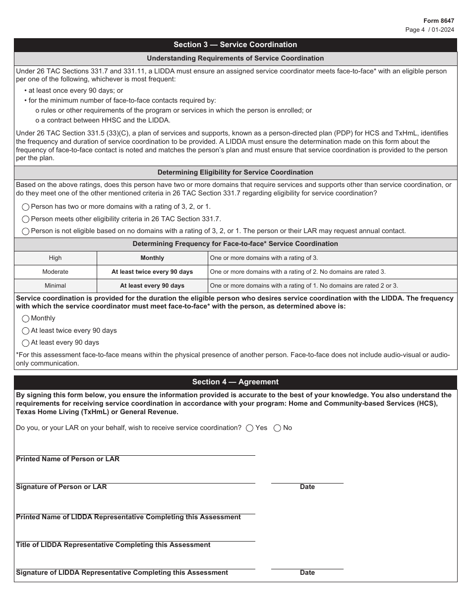 Form 8647 Service Coordination Assessment - Texas, Page 4