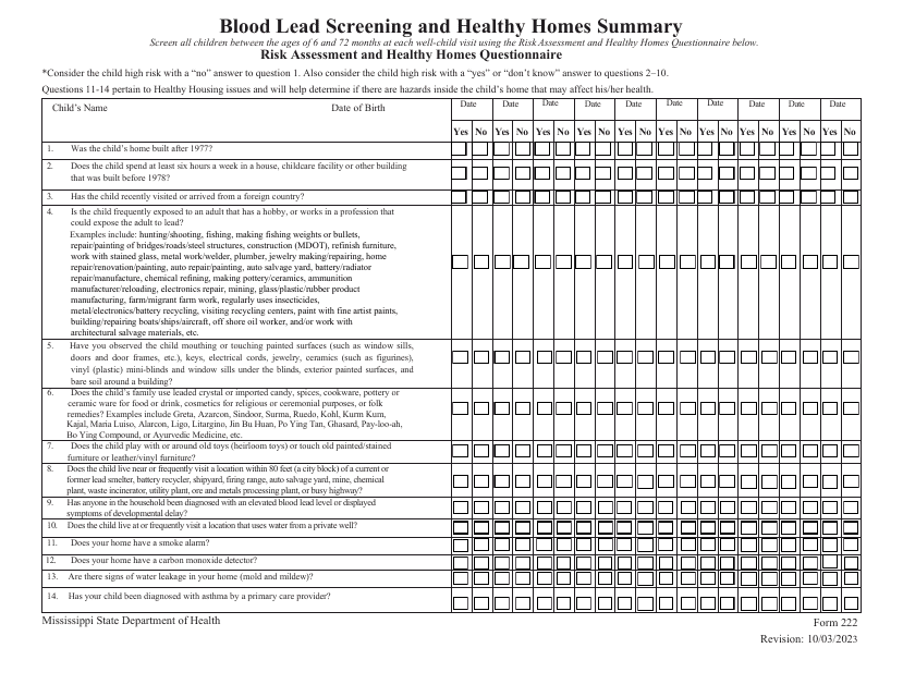 Form 222 Blood Lead Screening and Healthy Homes Summary - Mississippi