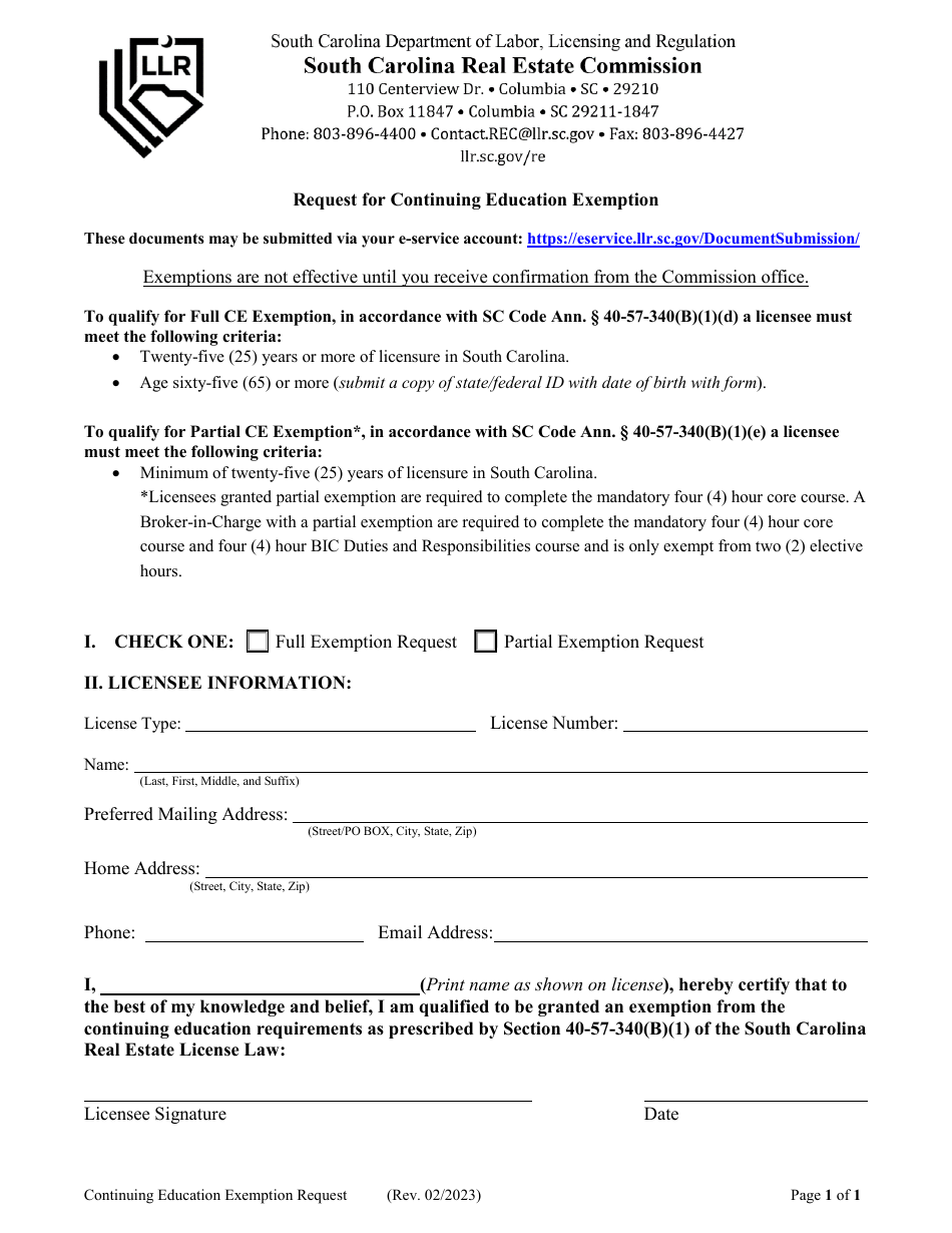 Request for Continuing Education Exemption - South Carolina, Page 1