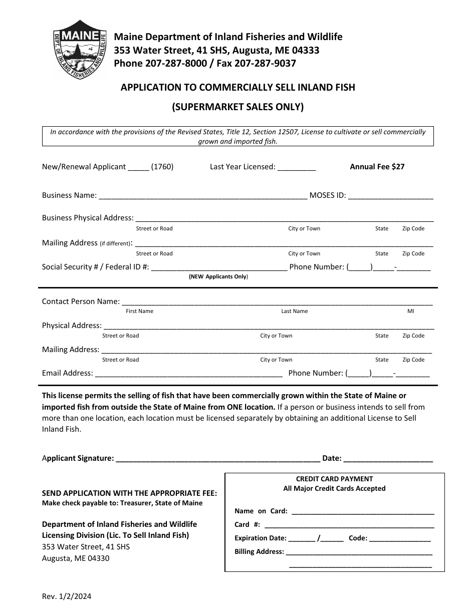 Application to Commercially Sell Inland Fish (Supermarket Sales Only) - Maine, Page 1