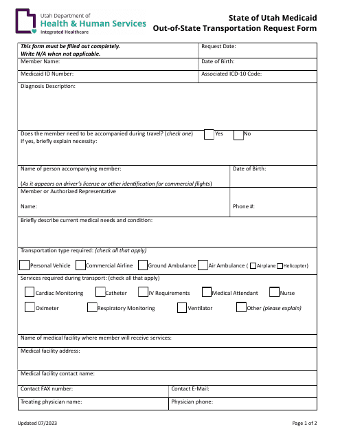 Out-of-State Transportation Request Form - Utah Download Pdf