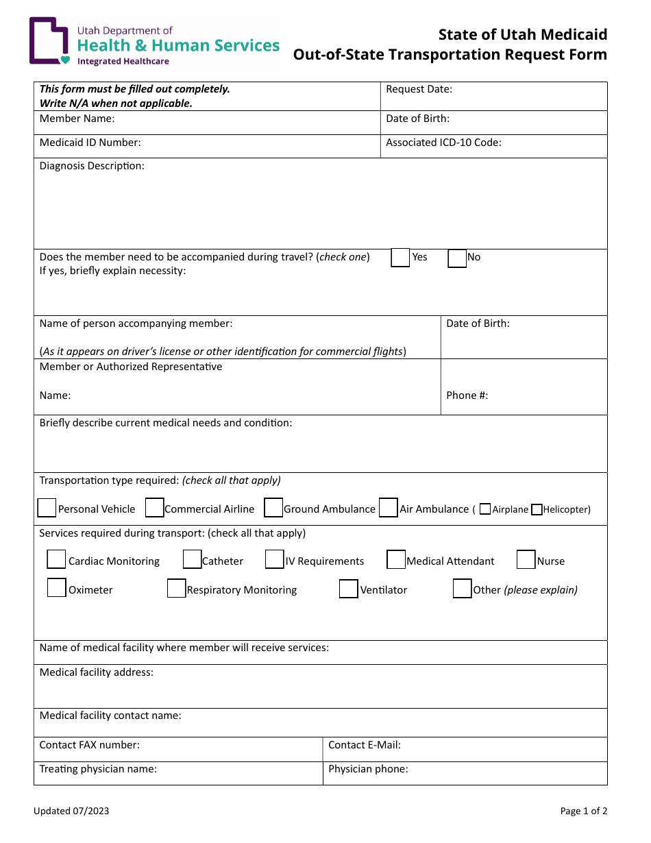 Out-of-State Transportation Request Form - Utah, Page 1