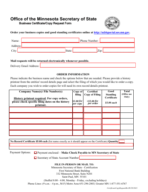 Business Certificate / Copy Request Form - Minnesota Download Pdf