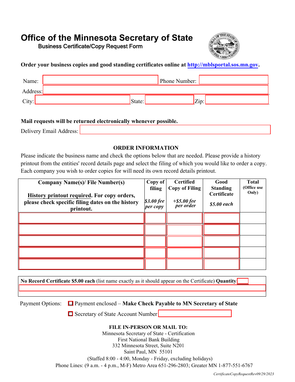 Business Certificate / Copy Request Form - Minnesota, Page 1