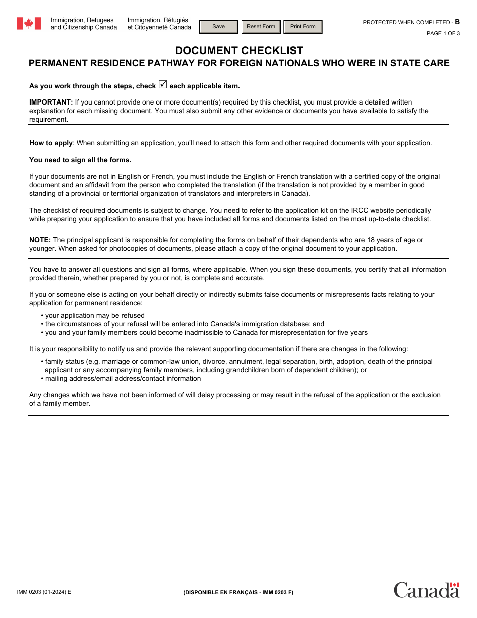 Form IMM0203 Document Checklist: Permanent Residence Pathway for Foreign Nationals Who Were in State Care - Canada, Page 1
