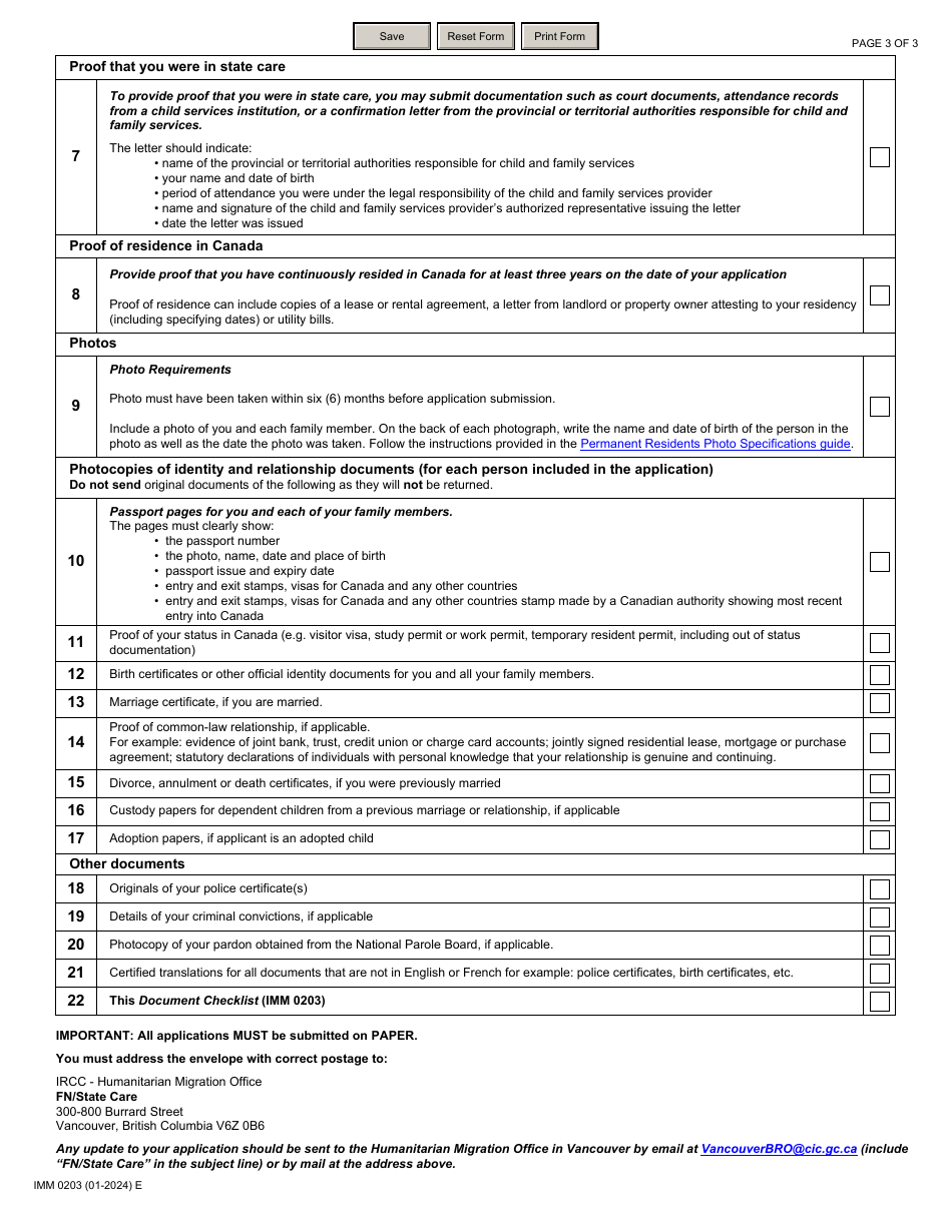Form IMM0203 Document Checklist: Permanent Residence Pathway for Foreign Nationals Who Were in State Care - Canada, Page 3