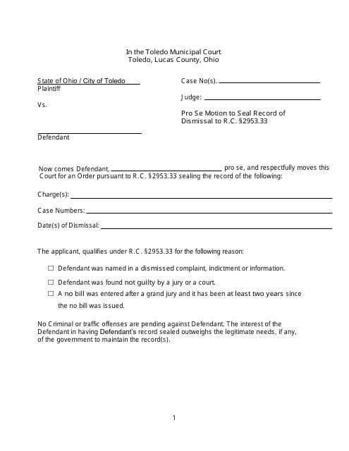 Pro Se Motion to Seal Record of Dismissal to R.c. 2953.33 - City of Toledo, Ohio Download Pdf