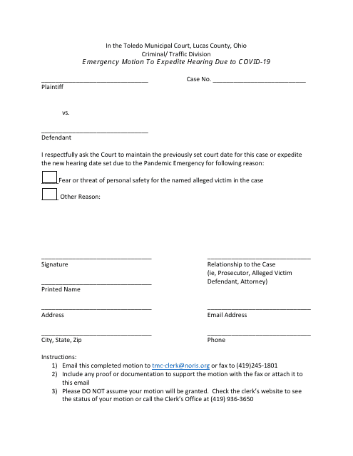 Emergency Motion to Expedite Hearing Due to Covid-19 - City of Toledo, Ohio Download Pdf