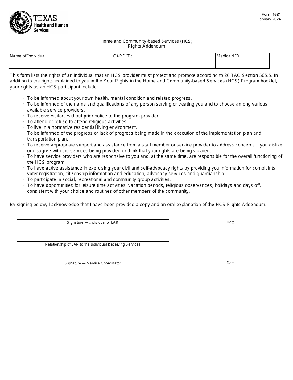 Form 1681 Home and Community-Based Services (Hcs) Rights Addendum - Texas, Page 1