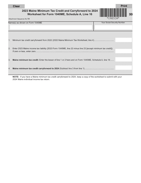 Form 1040ME Schedule A Maine Minimum Tax Credit and Carryforward Worksheet - Maine, 2023