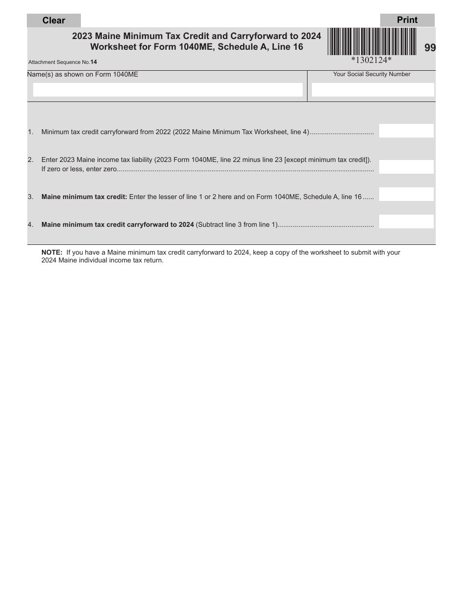 Form 1040ME Schedule A Maine Minimum Tax Credit and Carryforward Worksheet - Maine, Page 1