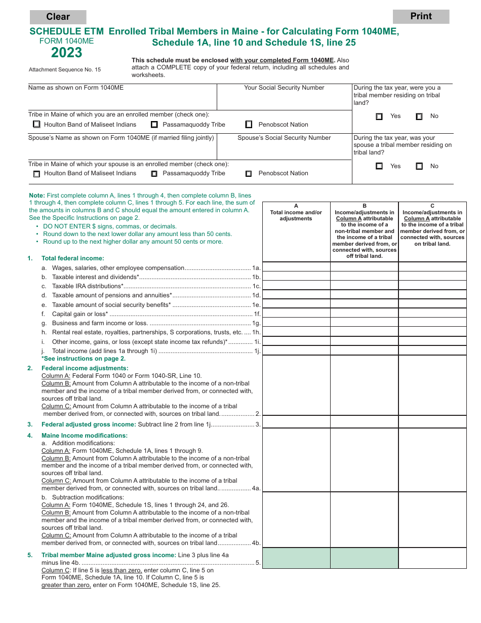 Form 1040ME Schedule ETM Enrolled Tribal Members in Maine - for Calculating Form 1040me,schedule 1a, Line 10 and Schedule 1s, Line 25 - Maine, Page 1