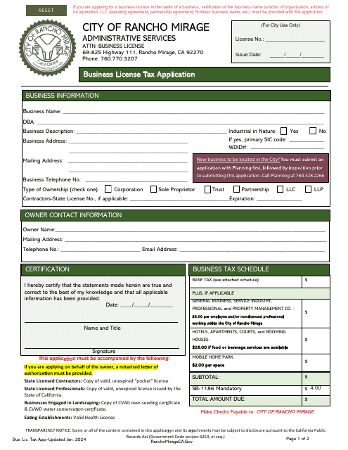 Business License Tax Application - City of Rancho Mirage, California Download Pdf