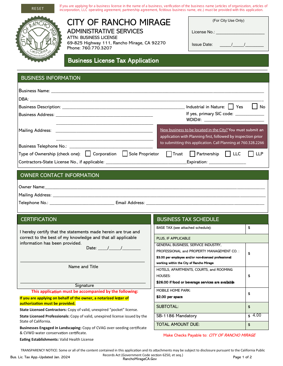 Business License Tax Application - City of Rancho Mirage, California, Page 1