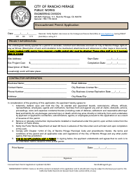 Document preview: Encroachment Permit Application - City of Rancho Mirage, California