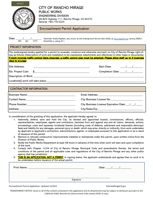 Encroachment Permit Application - City of Rancho Mirage, California Download Pdf